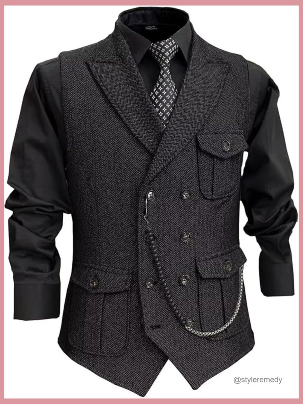 Double Breasted Tweed Wool Vest Slim Fit Herringbone Waistcoat